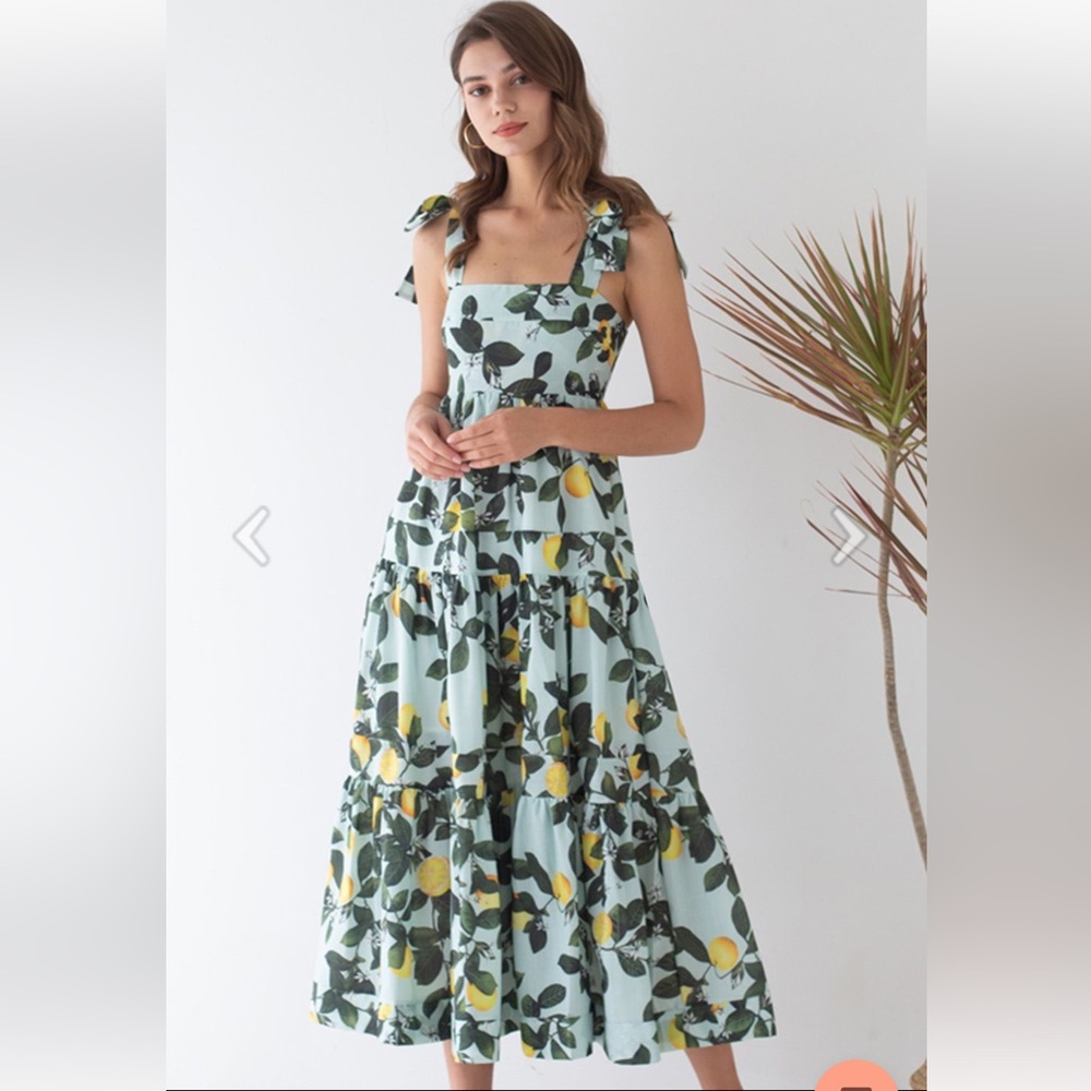 MINTY LEMON PRINTED TIE-STRAP MAXI DRESS